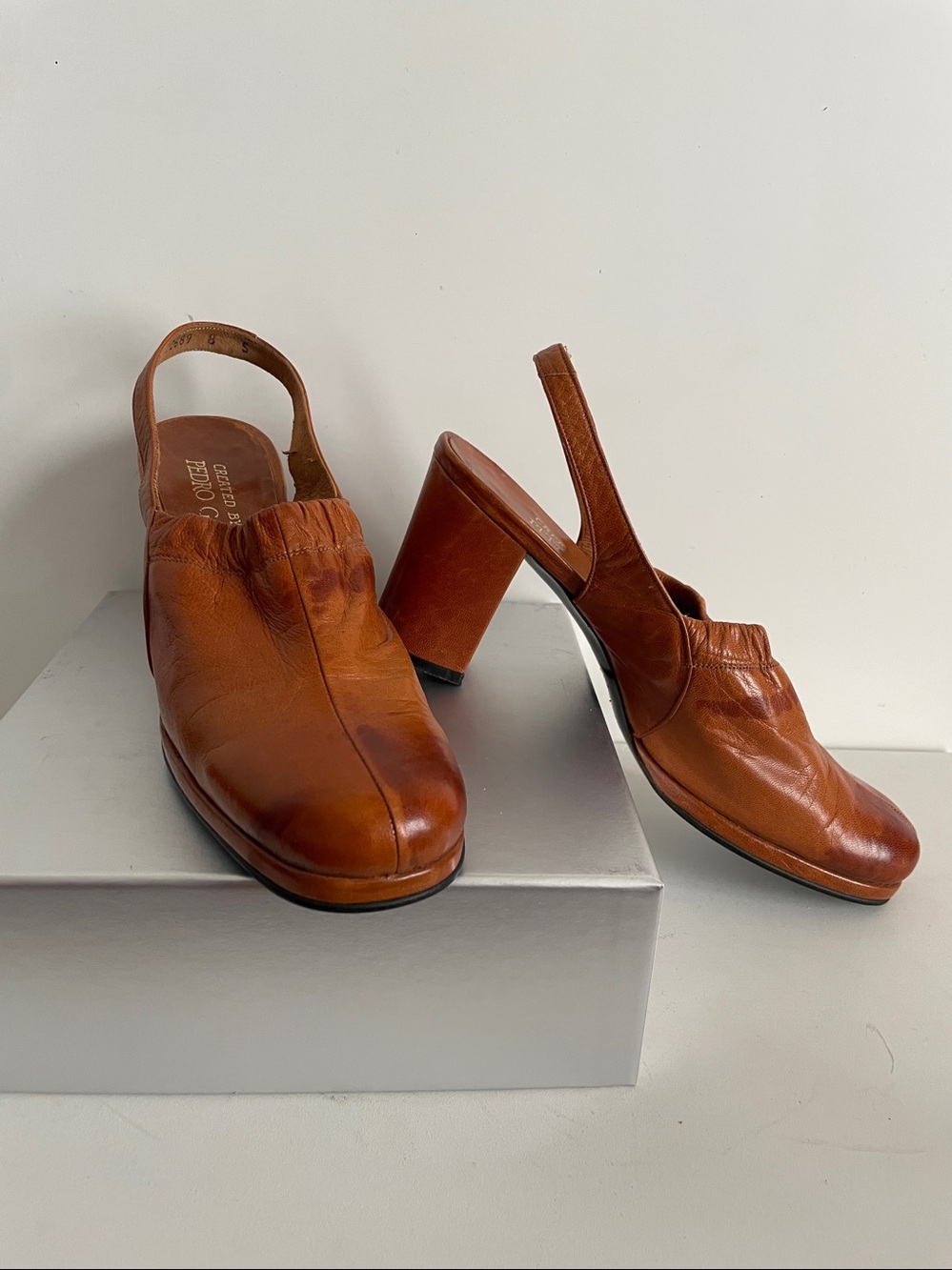 Pedro Garcia SPAIN Camel Distressed Leather Slipon Block Heel Mules Clogs
